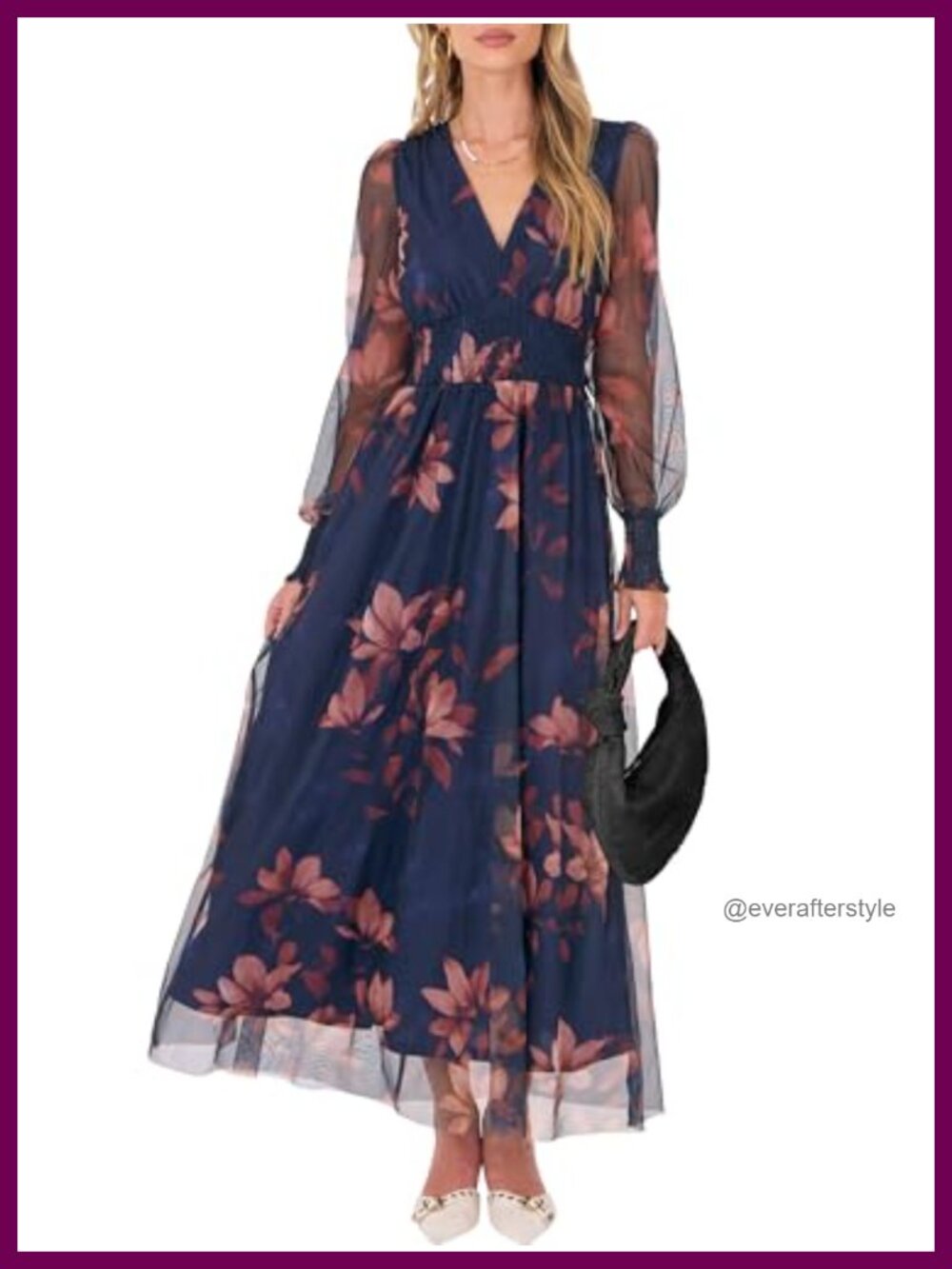 Women's Fall Wedding Guest Tulle Floral Long Sleeve Maxi Dress